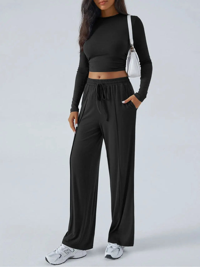 Devine Round Neck Long Sleeve Top and Pants Set Trendsi Hanalas