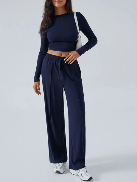 Devine Round Neck Long Sleeve Top and Pants Set Trendsi Hanalas