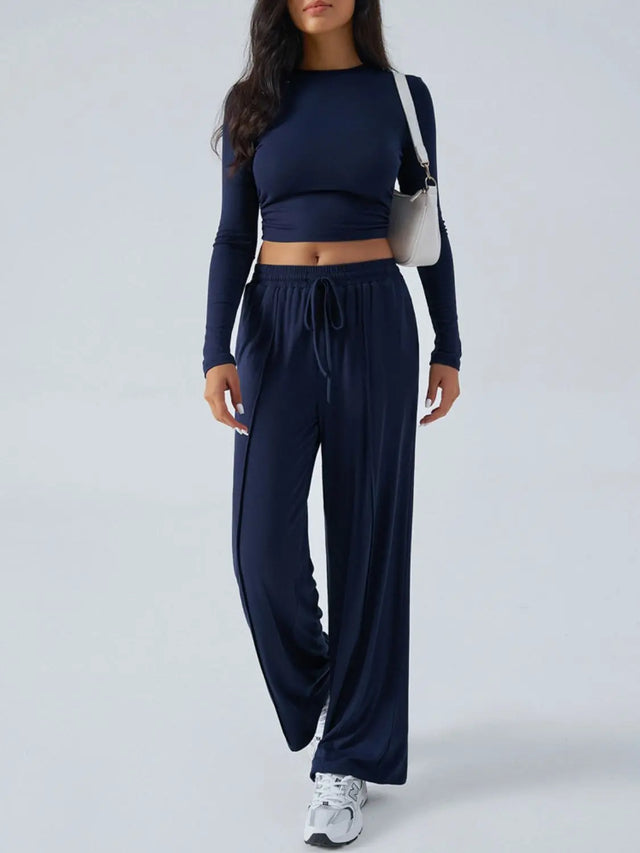 Devine Round Neck Long Sleeve Top and Pants Set Trendsi Hanalas