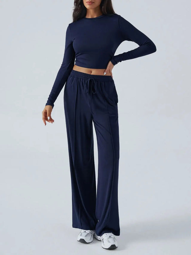 Devine Round Neck Long Sleeve Top and Pants Set Trendsi Hanalas