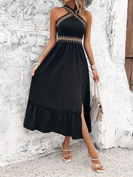 Devine Ruffled Slit Sleeveless Midi Dress | Hanalas