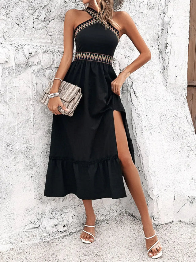 Devine Ruffled Slit Sleeveless Midi Dress | Hanalas