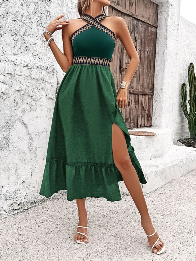 Devine Ruffled Slit Sleeveless Midi Dress | Hanalas