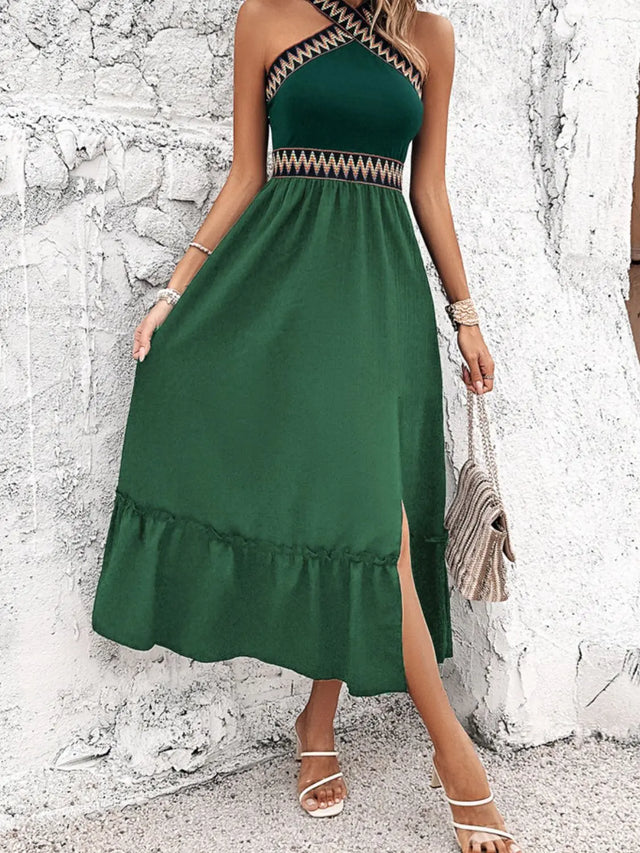 Devine Ruffled Slit Sleeveless Midi Dress | Hanalas