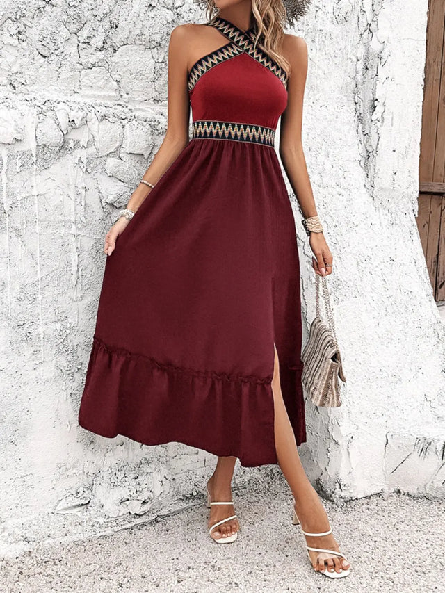 Devine Ruffled Slit Sleeveless Midi Dress | Hanalas