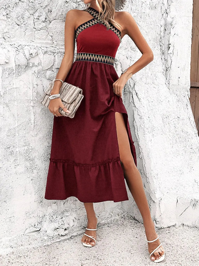 Devine Ruffled Slit Sleeveless Midi Dress | Hanalas