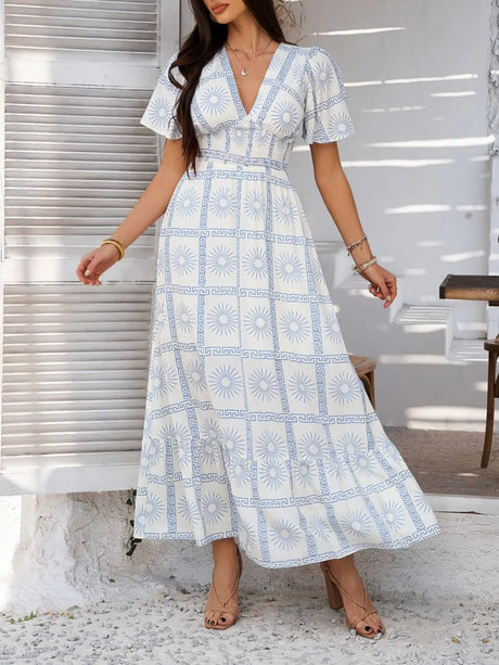 Devine Smocked Printed V-Neck Short Sleeve Maxi Dress | Hanalas