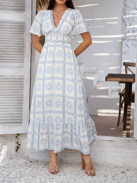 Devine Smocked Printed V-Neck Short Sleeve Maxi Dress | Hanalas