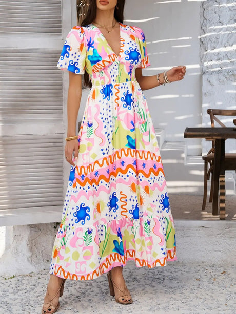 Devine Smocked Printed V-Neck Short Sleeve Maxi Dress | Hanalas