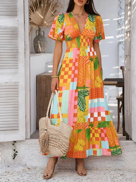 Devine Smocked Printed V-Neck Short Sleeve Maxi Dress | Hanalas