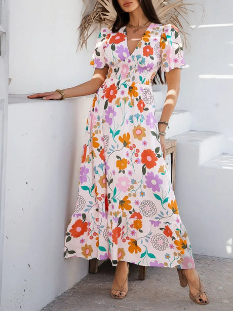 Devine Smocked Printed V-Neck Short Sleeve Maxi Dress | Hanalas