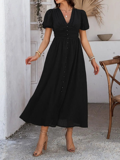 Devine V-Neck Puff Short Sleeve Midi Dress | Hanalas