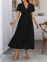 Devine V-Neck Puff Short Sleeve Midi Dress | Hanalas