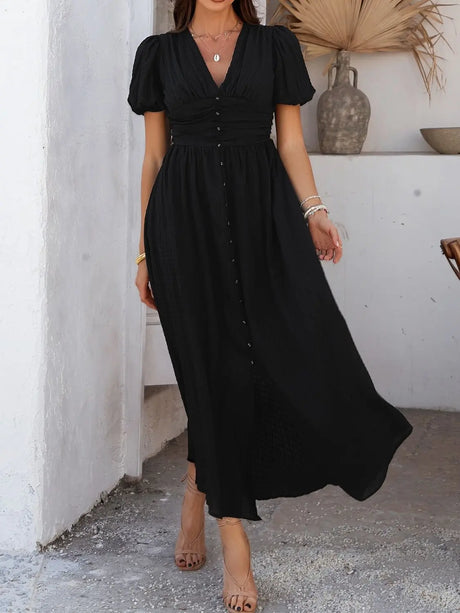 Devine V-Neck Puff Short Sleeve Midi Dress | Hanalas