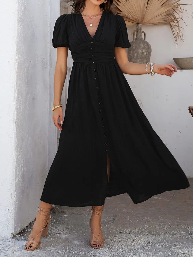 Devine V-Neck Puff Short Sleeve Midi Dress | Hanalas