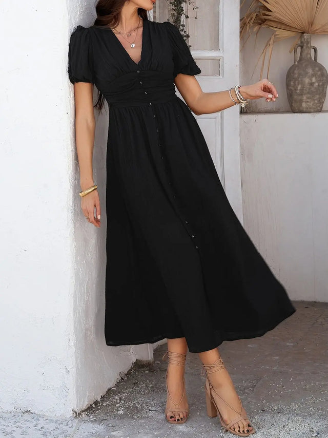 Devine V-Neck Puff Short Sleeve Midi Dress | Hanalas