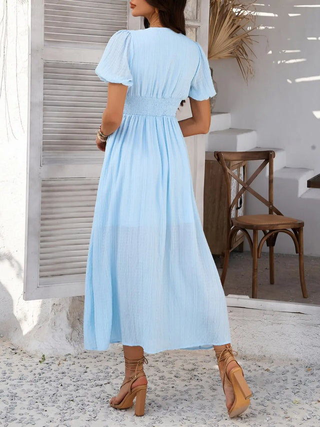 Devine V-Neck Puff Short Sleeve Midi Dress | Hanalas