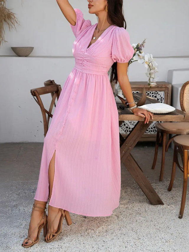Devine V-Neck Puff Short Sleeve Midi Dress | Hanalas
