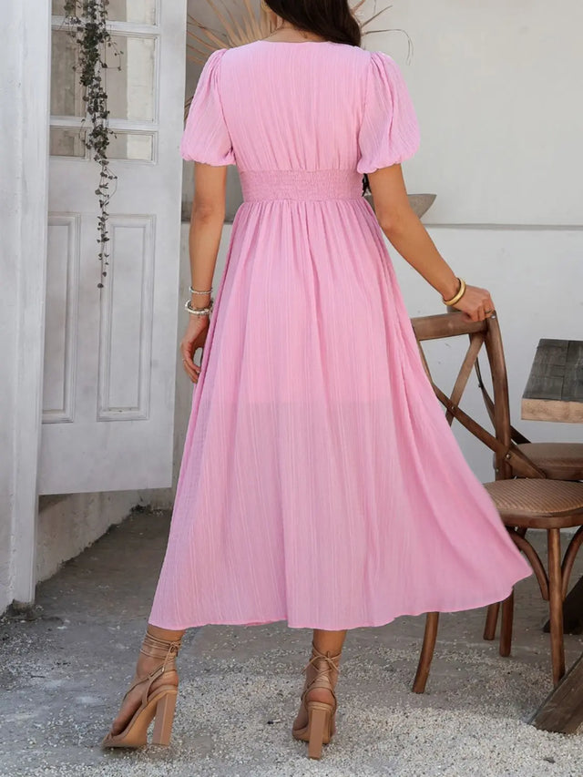 Devine V-Neck Puff Short Sleeve Midi Dress | Hanalas