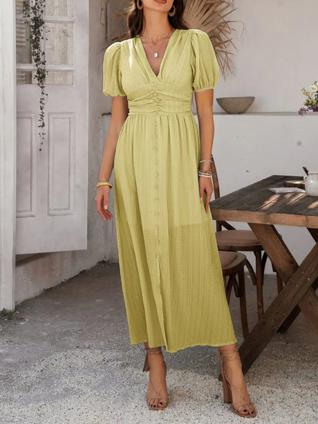 Devine V-Neck Puff Short Sleeve Midi Dress | Hanalas