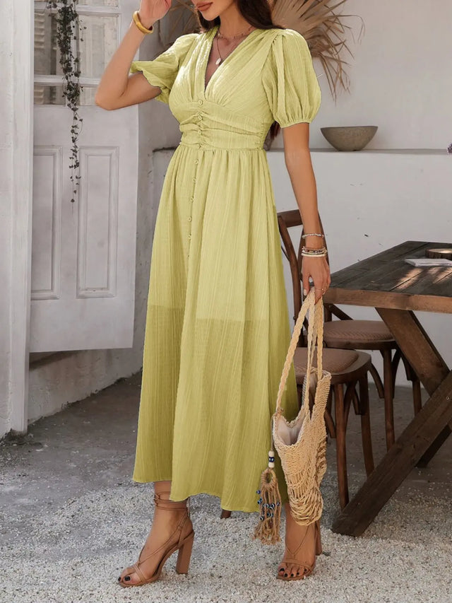 Devine V-Neck Puff Short Sleeve Midi Dress | Hanalas