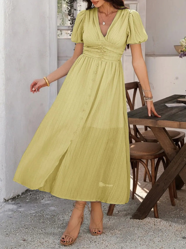 Devine V-Neck Puff Short Sleeve Midi Dress | Hanalas