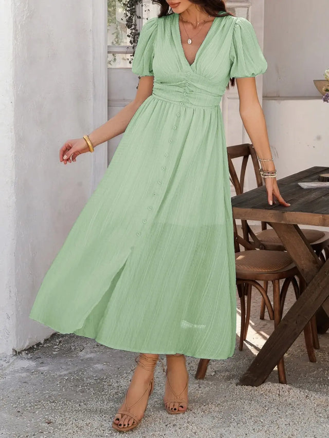 Devine V-Neck Puff Short Sleeve Midi Dress | Hanalas