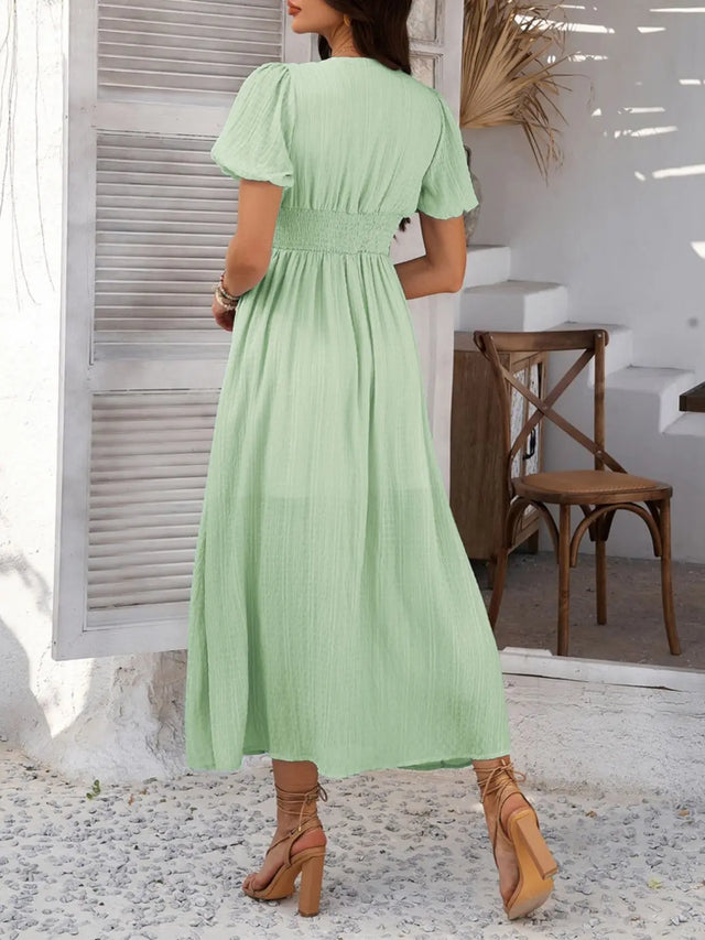 Devine V-Neck Puff Short Sleeve Midi Dress | Hanalas
