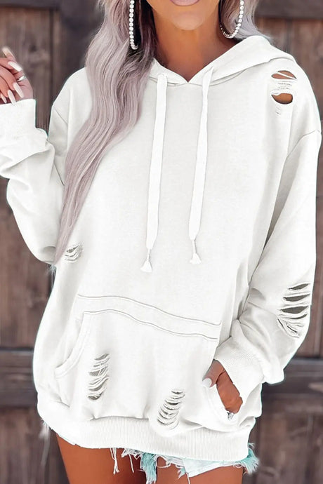 Distressed Drawstring Long Sleeve Hoodie | Hanalas