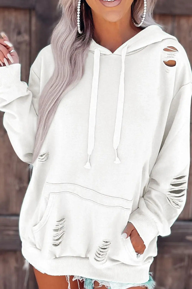 Distressed Drawstring Long Sleeve Hoodie | Hanalas