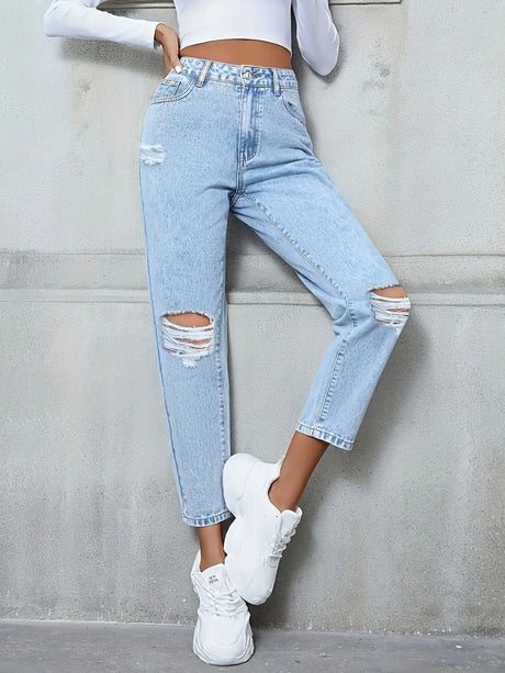 Distressed High Rise Jeans with Pockets | Hanalas
