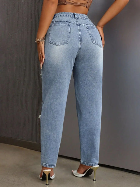 Distressed High Rise Jeans with Pockets Trendsi Hanalas