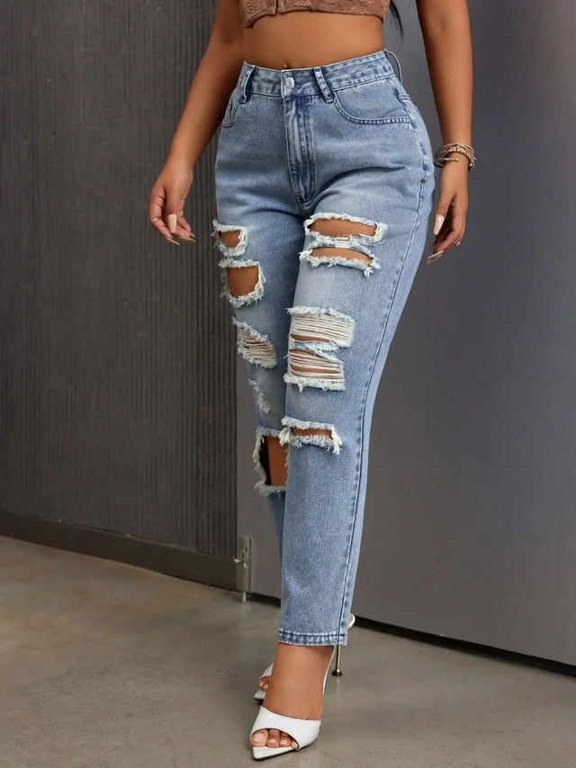 Distressed High Rise Jeans with Pockets Trendsi Hanalas