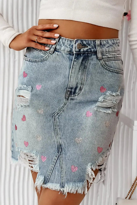 Distressed Raw Hem Heart Mini Denim Skirt Trendsi Hanalas