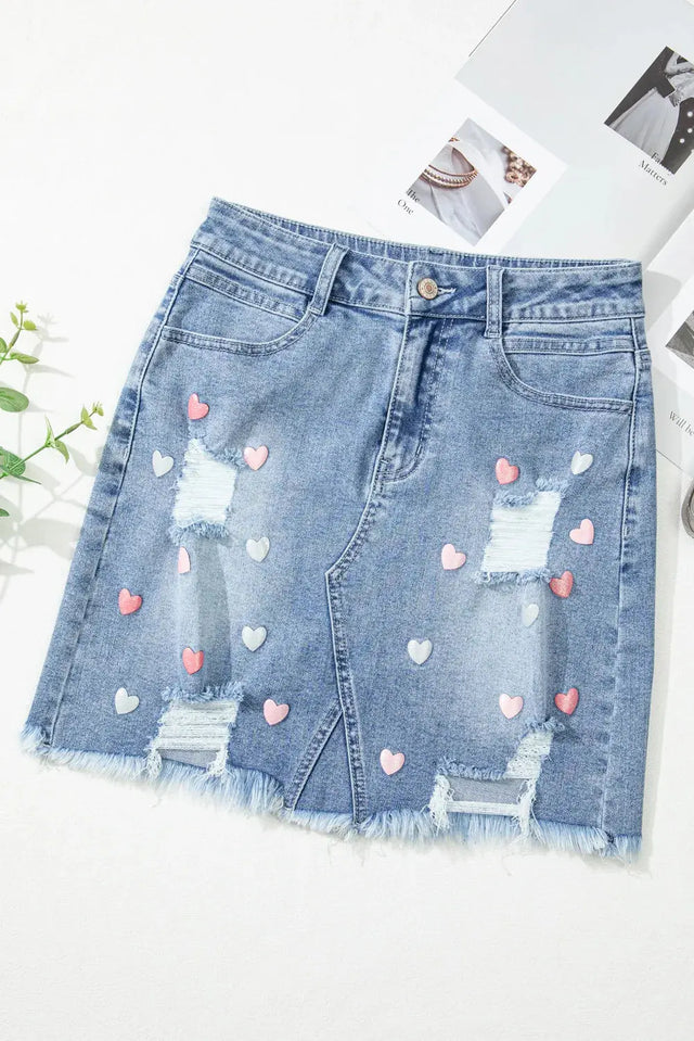 Distressed Raw Hem Heart Mini Denim Skirt Trendsi Hanalas