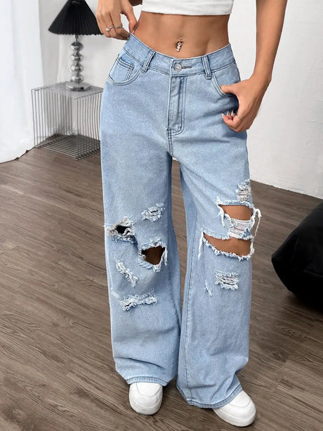 Distressed Wide Leg Jeans with Pockets | Hanalas