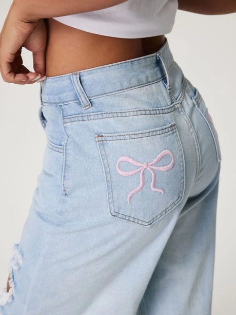Distressed Wide Leg Jeans with Pockets | Hanalas