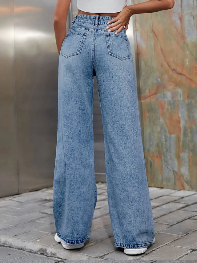 Distressed Wide Leg Jeans with Pockets Trendsi Hanalas