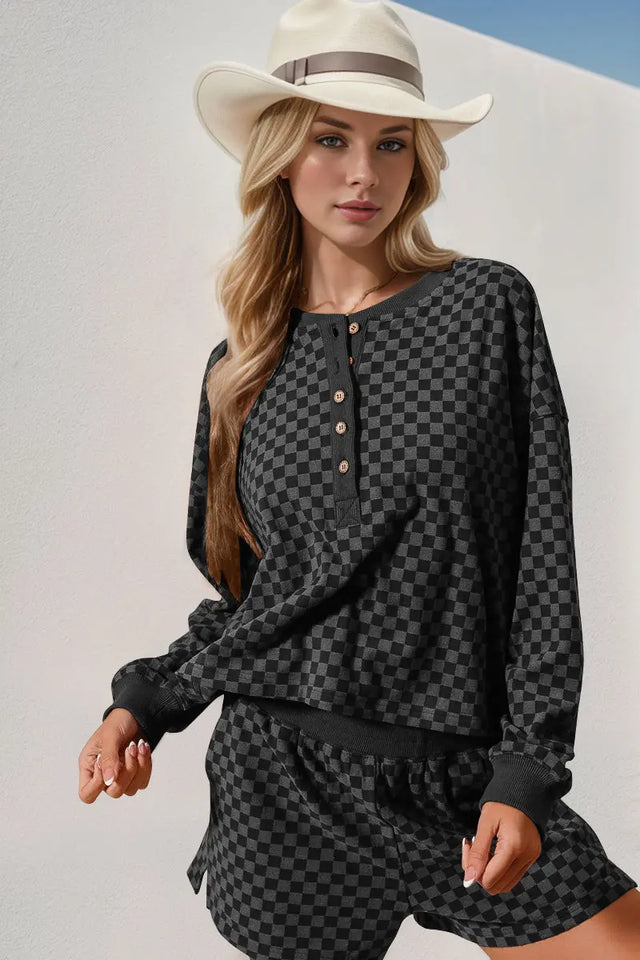 Double Take Checkered Half Button Top and Shorts Set Trendsi Hanalas