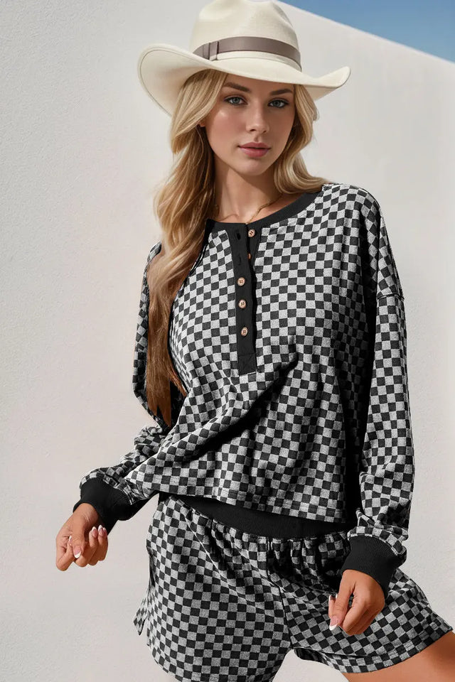 Double Take Checkered Half Button Top and Shorts Set Trendsi Hanalas