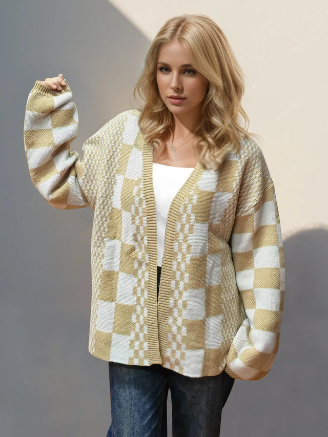 Double Take Checkered Open Front Dropped Shoulder Cardigan Trendsi Hanalas