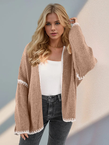 Double Take Contrast Open Front Dropped Shoulder Cardigan Trendsi Hanalas