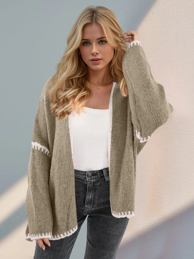 Double Take Contrast Open Front Dropped Shoulder Cardigan Trendsi Hanalas