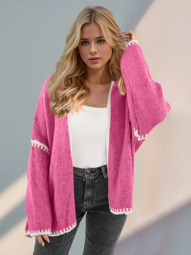 Double Take Contrast Open Front Dropped Shoulder Cardigan Trendsi Hanalas