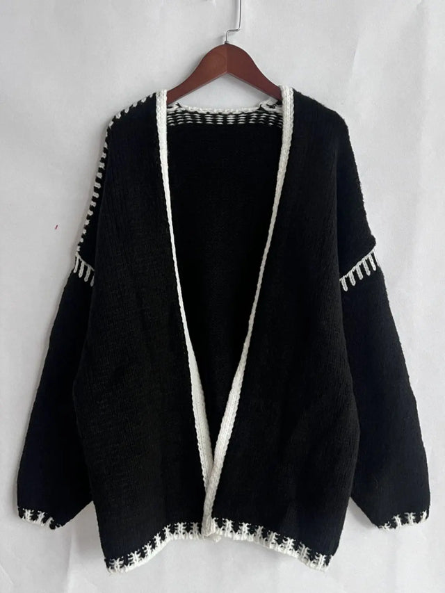 Double Take Contrast Open Front Dropped Shoulder Cardigan Trendsi Hanalas