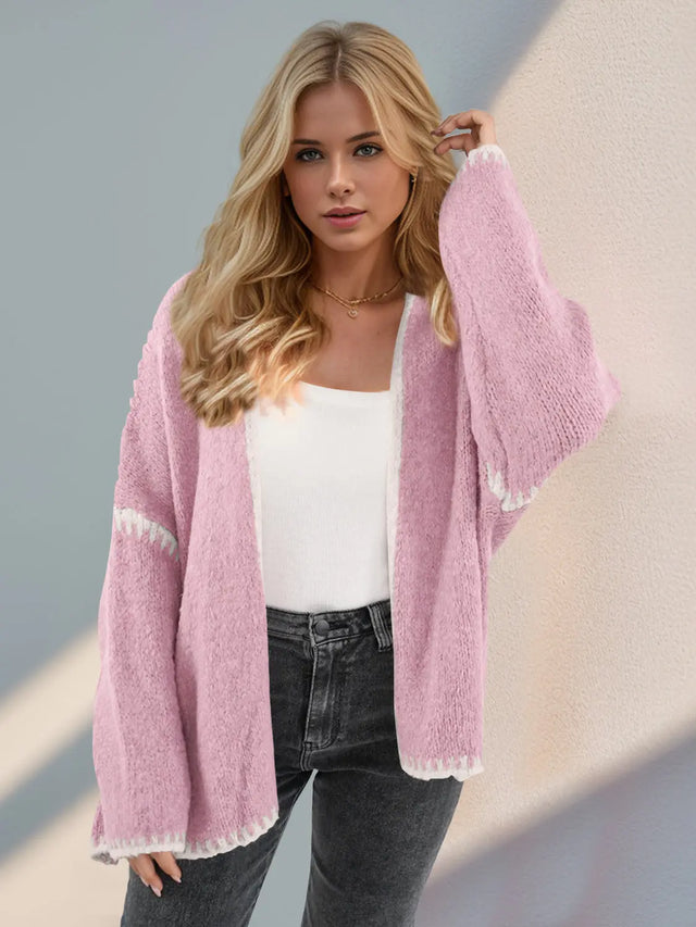 Double Take Contrast Open Front Dropped Shoulder Cardigan Trendsi Hanalas