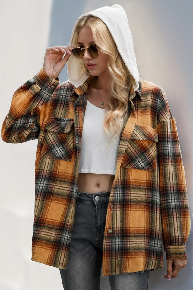 Double Take Drawstring Plaid Long Sleeve Hooded Shacket Trendsi Hanalas