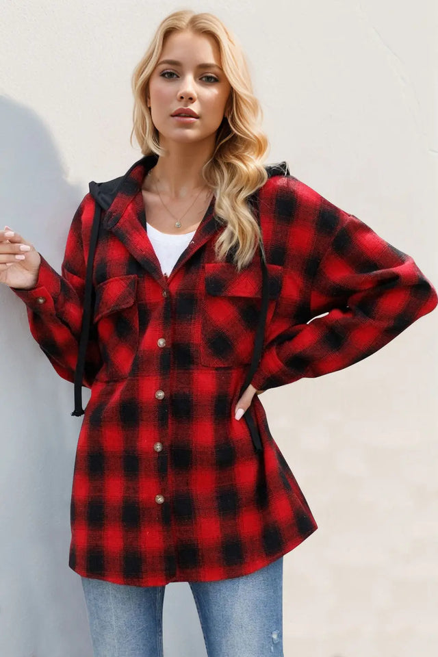 Double Take Drawstring Plaid Long Sleeve Hooded Shacket Trendsi Hanalas