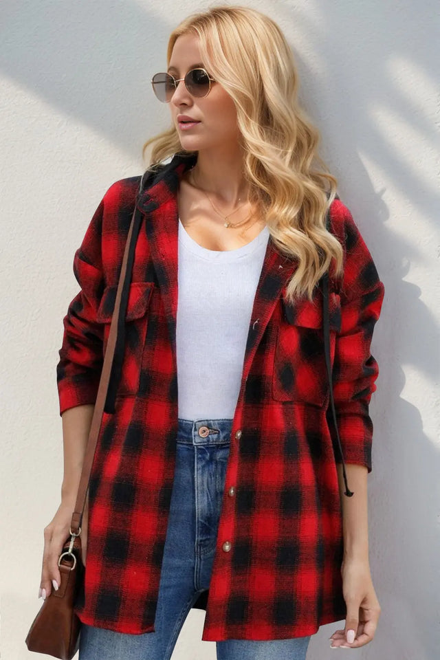 Double Take Drawstring Plaid Long Sleeve Hooded Shacket Trendsi Hanalas