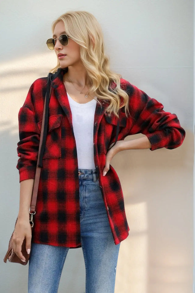 Double Take Drawstring Plaid Long Sleeve Hooded Shacket Trendsi Hanalas